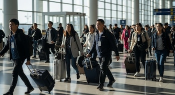 Personas con maletas y mochilas caminan por una terminal de aeropuerto con grandes ventanas y pilares, bajo iluminación natural.