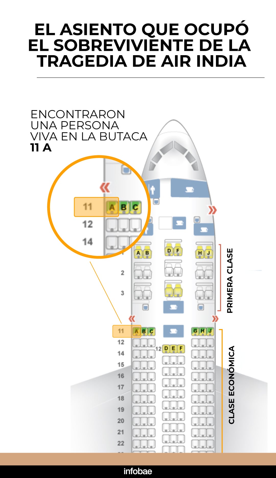 La infografía que muestra la distribución de los asientos del avión de la tragedia de Air India. Diseño: Cristian Mendez