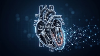 Un corazón humano semitransparente con ecografías internas y una red de puntos luminosos conectados sobre su sección inferior.