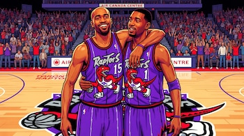 Ilustración de Vince Carter (15) y Tracy McGrady (1) de los Toronto Raptors abrazándose en la cancha con uniformes púrpuras de dinosaurio, con fans y el logo de Air Canada Centre al fondo.