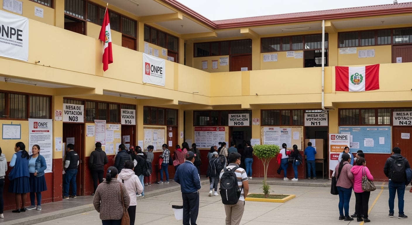 Un colegio en Perú funcionará como local de votación para la segunda vuelta de 2026, con ciudadanos presentes y banderas peruanas decorando el recinto electoral. (Imagen Ilustrativa Infobae)
