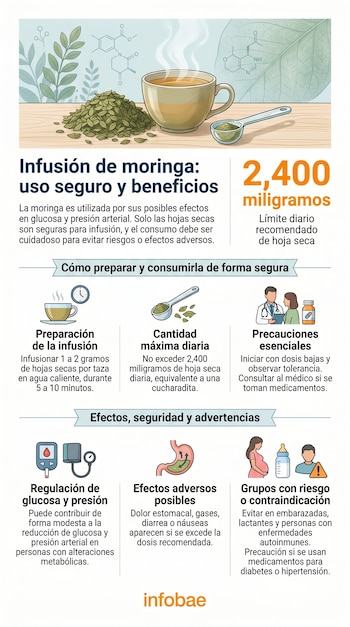 Infografía sobre moringa con imágenes de hojas secas, una taza de infusión, dosis recomendadas, y símbolos de salud y advertencias.