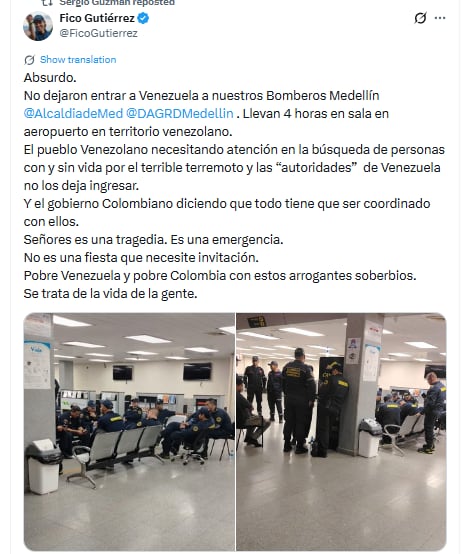 Misión de bomberos rescatistas de Medellín no pudieron entrar a territorio venezolano - crédito @FicoGutiérrez/X