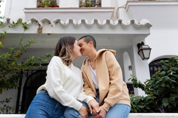 Dos mujeres se dan un beso tierno sentadas en un muro blanco, una con cabello ondulado y suéter blanco, la otra con cabello corto y sudadera beige
