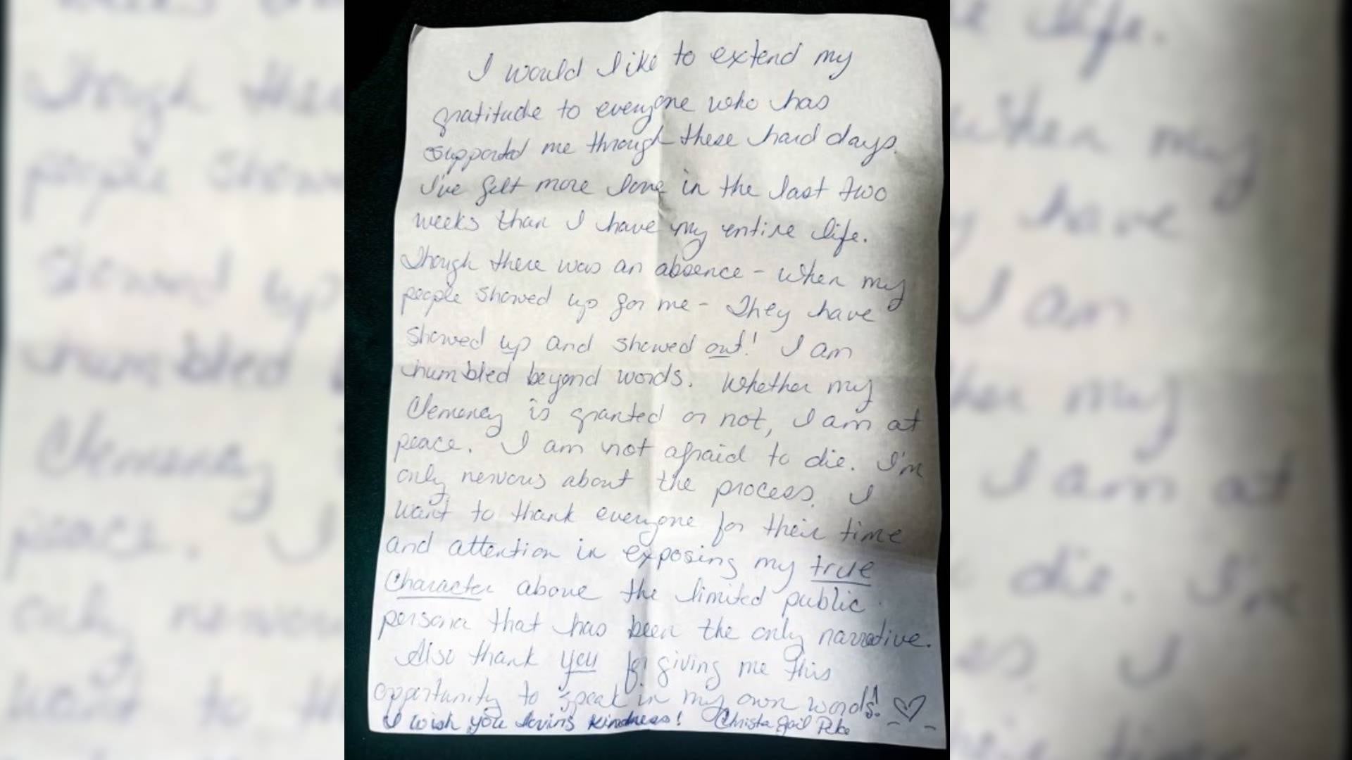 Una carta manuscrita firmada por Christa Gail Pike expresa agradecimiento a quienes la apoyaron y aborda su proceso de solicitud de clemencia. (Mikey Noechel/NBC News)