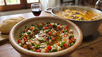 Un primer plano de una salsa picante de tomate, cebolla y ají, con un guiso de locro, pan y vino tinto de fondo sobre una mesa de madera.