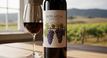 Botella de vino Bonarda de Argentina, copa de vino tinto sobre una mesa de madera. Fondo borroso con viñedo y montañas a través de una ventana.