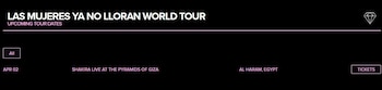 La cantante colombiana fijó el 2 de abril de 2027 como la nueva fecha para su presentación en Egipto, casi un año después de la fecha pactada inicialmente - crédito captura de pantalla página web shakira.com
