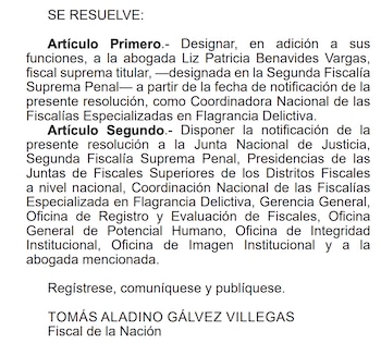 Patricia Benavides es designada como coordinadora nacional de las Fiscalías Especializadas en Flagrancia Delictiva