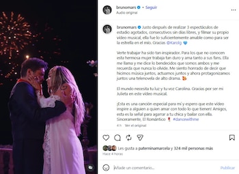 Bruno Mars dedicó palabras de cariño para Karol G tras su aparición en el videoclip de "Dance With Me" - crédito @brunomars/Instagram
