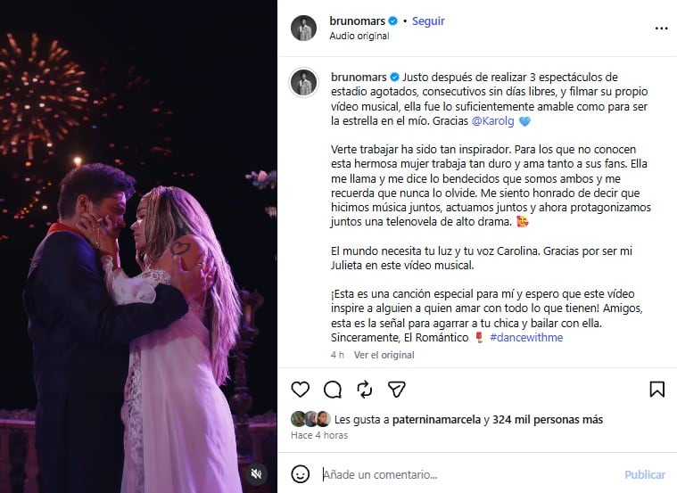 Bruno Mars dedicó palabras de cariño para Karol G tras su aparición en el videoclip de