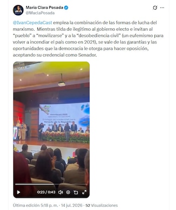 María Clara Posada cuestionó el llamado a la desobediencia civil realizado por Iván Cepeda - crédito @MaclaPosada/X