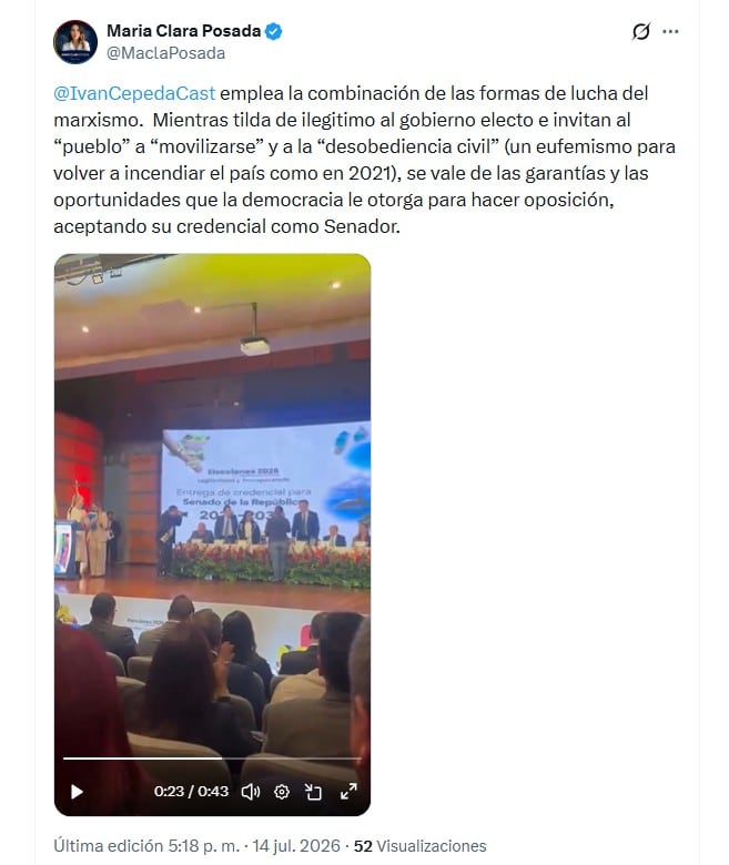 La también congresista del Centro Democrático María Clara Posada cuestionó el llamado a la desobediencia civil efectuado por Iván Cepeda - crédito @MaclaPosada/X