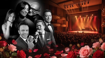 Cinco artistas en retratos de blanco y negro, un cantante con micrófono, un auditorio con público, un piano de cola en un escenario iluminado, rosas rojas y rosadas.