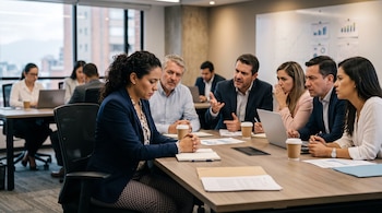 Un grupo de personas vestidas con ropa formal sentadas en una mesa de oficina con computadoras portátiles y vasos de papel.