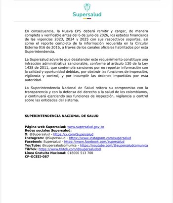 La Superintendencia de Salud advirtió que el incumplimiento de Nueva EPS puede derivar en sanciones administrativas bajo el artículo 130 de la Ley 1438 de 2011 - crédito Supersalud