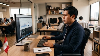 Un hombre sentado frente a un monitor con gráficos, un teclado, una taza, una libreta y una pequeña bandera de Perú sobre el escritorio.