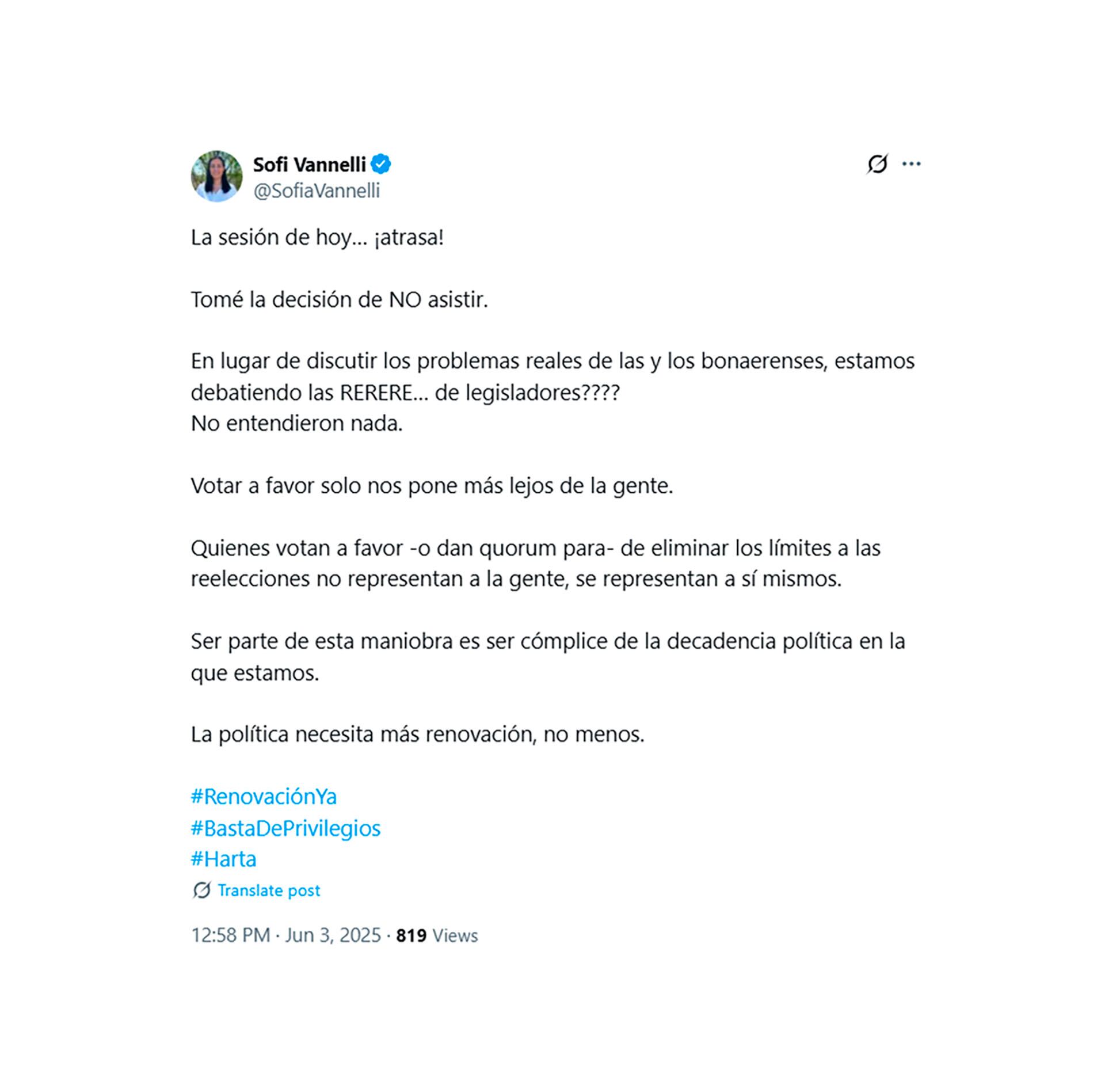 El tuit de la senadora bonaerense Sofía Vannelli