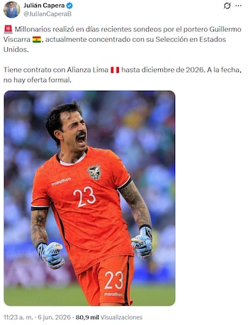 Guillermo Viscarra podría dejar Alianza Lima ante el reciente interés de Millonarios. Crédito: X Julián Capera.