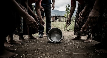 Vista baja de varias personas con pies descalzos y manos extendidas alrededor de una olla de metal vacía en el suelo de tierra. Al fondo, una casa y montañas.