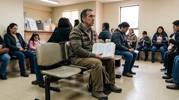 Un hombre con suéter marrón sostiene una carpeta en una sala de espera con varias personas sentadas en hileras de sillas.