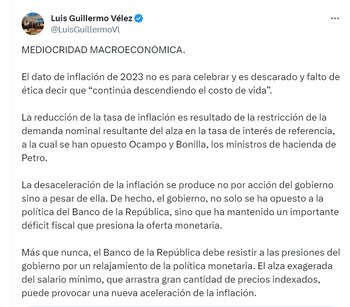 Publicación de Luis Guillermo Vélez, economista y concejal de Medellín - crédito @LuisGuillermoVL/X