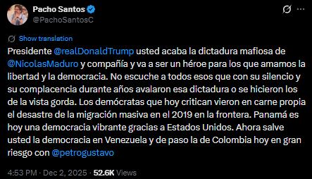 Exvicepresidente Francisco Santos pidió al presidente Donald Trump acabar con la dictadura en Venezuela - crédito @PachoSantosC/X