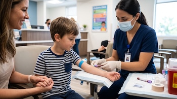 Un niño sentado frente a una enfermera con mascarilla que le extrae sangre del brazo, con una mujer a su lado en una sala médica.