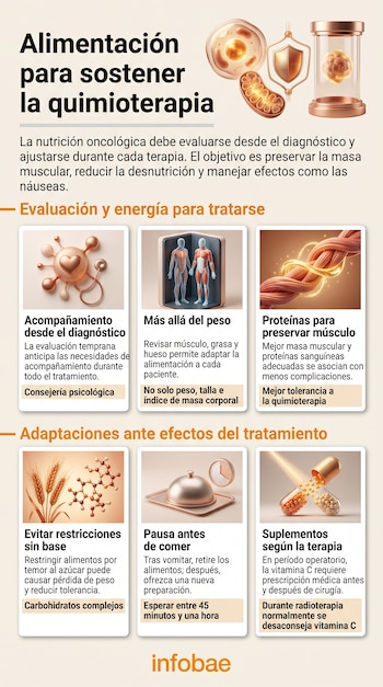 Infografía de seis paneles con ilustraciones sobre evaluación corporal, ingesta de proteínas y manejo de náuseas en tratamientos médicos.
