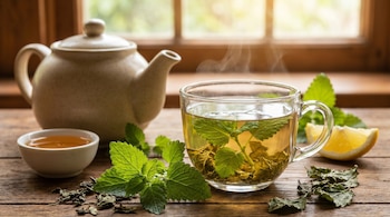 Taza de vidrio transparente con infusión de toronjil humeante, hojas frescas y secas, tetera, cuenco con miel y limón sobre mesa de madera.