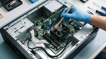 Vista cenital de una computadora de escritorio abierta con placa madre y componentes internos. Una mano enguantada de azul limpia el ventilador con una brocha.