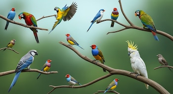 Ilustración de múltiples aves de diversas especies y colores, como loros, pinzones y una cacatúa blanca, posadas en ramas con un fondo verde y azul suave.
