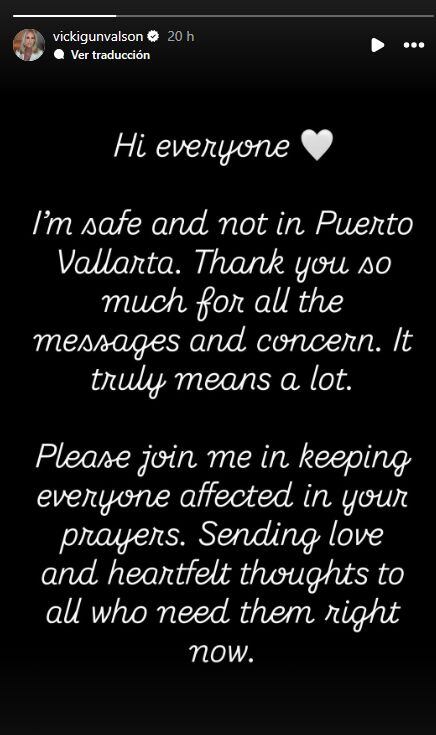 Empresaria estadounidense revela que no está en su condominio de Puerto Vallarta y pide oraciones por los afectados en México (Instagram/@vickigunvalson)