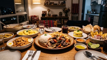 Mesa de madera servida con lomo saltado, papa a la huancaína, causa, ceviche, tallarines, pan, vasos de chicha y cubiertos.