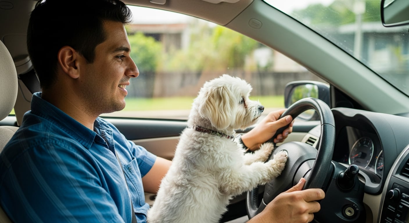 Un conductor costarricense sonríe mientras maneja un sedán con su perro blanco de compañía sobre sus piernas, apoyando sus patas delanteras en el volante. (Imagen Ilustrativa Infobae)