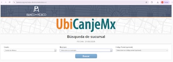 La plataforma UbiCanjeMx permite checar sucursales y disponibilidad de monedas conmemorativas del Mundial 2026, sin costo para el usuario. (Captura de pantalla)