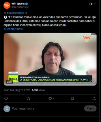El exportero habló sobre la labor que están realizando en la capital caldense para ayudar a las víctimas y encontrar a los desaparecidos tras el sismo de 7,4 grados que sacudió a Colombia el 10 de agosto de 2026 -crédito @WinSportsTV/X