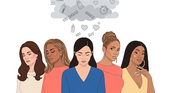 Ilustración de cinco mujeres, Kate Middleton, Jennifer López y Cardi B entre ellas, con una nube gris sobre la central con biberones, relojes, corazones y textos.