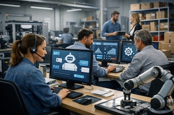 En una oficina, cuatro personas trabajan en computadoras, algunas con pantallas mostrando interfaces de chatbot y datos. Un brazo robótico se ve en primer plano.