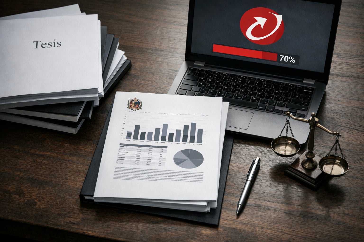 Un informe técnico universitario con gráficos y tesis se examina bajo la luz de la integridad académica, con un 70% de similitud detectada por Turnitin y una balanza de la justicia presente. (Imagen Ilustrativa Infobae)