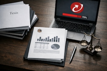 Mesa de madera oscura con pilas de tesis, un informe con gráficos, un portátil que muestra 70% de similitud en Turnitin, una balanza de la justicia y un bolígrafo.