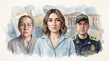 Ilustración en acuarela de Laura Sarabia, Marelbys Meza y un capitán de policía. Fondo con expedientes, documentos, líneas de comunicación y el Palacio de Justicia.