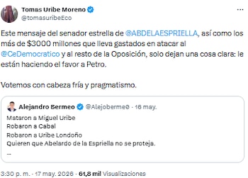Tomás Uribe acusó a aliados de Abelardo de la Espriella de favorecer a Gustavo Petro con ataques a la oposición - crédito @tomasuribeEco/X