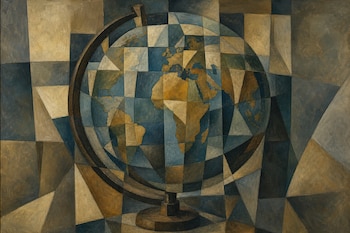 Pintura de un globo terráqueo sobre un soporte, compuesto por cuadrículas y formas geométricas en tonos azules, marrones y grises.