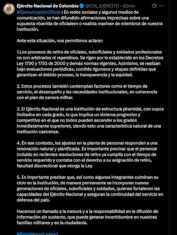 El Ejército Nacional negó que exista una barrida de oficiales o una salida masiva de personal - crédito @COL_EJERCITO/X