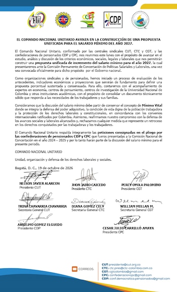 Pensionados y trabajadores trabajan en una cifra para presentarla en la mesa de concertación del aumento del salario mínimo de 2027 - crédito CUT