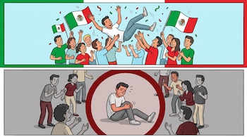 Ilustración de dos paneles. Arriba: multitud feliz lanzando a un hombre al aire. Abajo: el mismo hombre en el suelo con dolor, rodeado de gente preocupada.