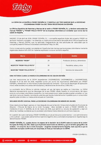 Comunicado de Frisby España en el que informó que la OEPM declaró caducadas las marcas “Frisby” y “Frisby Pollo Frito” registradas por la compañía colombiana en España- crédito Frisby España