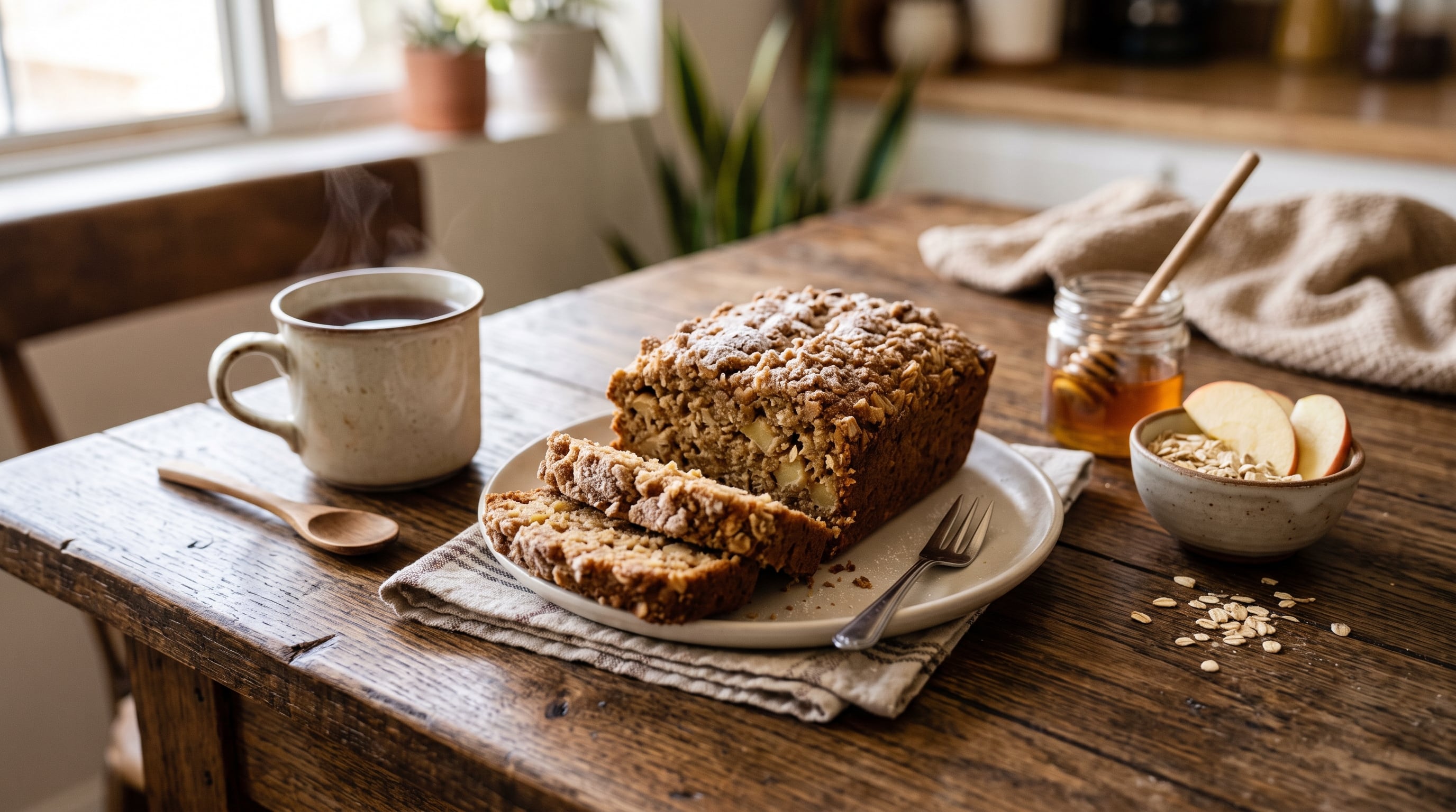 Un panqué de avena con manzana cortado en rebanadas reposa sobre una mesa de madera junto a una taza de bebida caliente y un frasco de miel. (Imagen Ilustrativa Infobae)