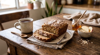 Panqué de avena rebanado en un plato, taza humeante, tazón con hojuelas de avena y rodajas de manzana, y frasco de miel sobre una mesa de madera.
